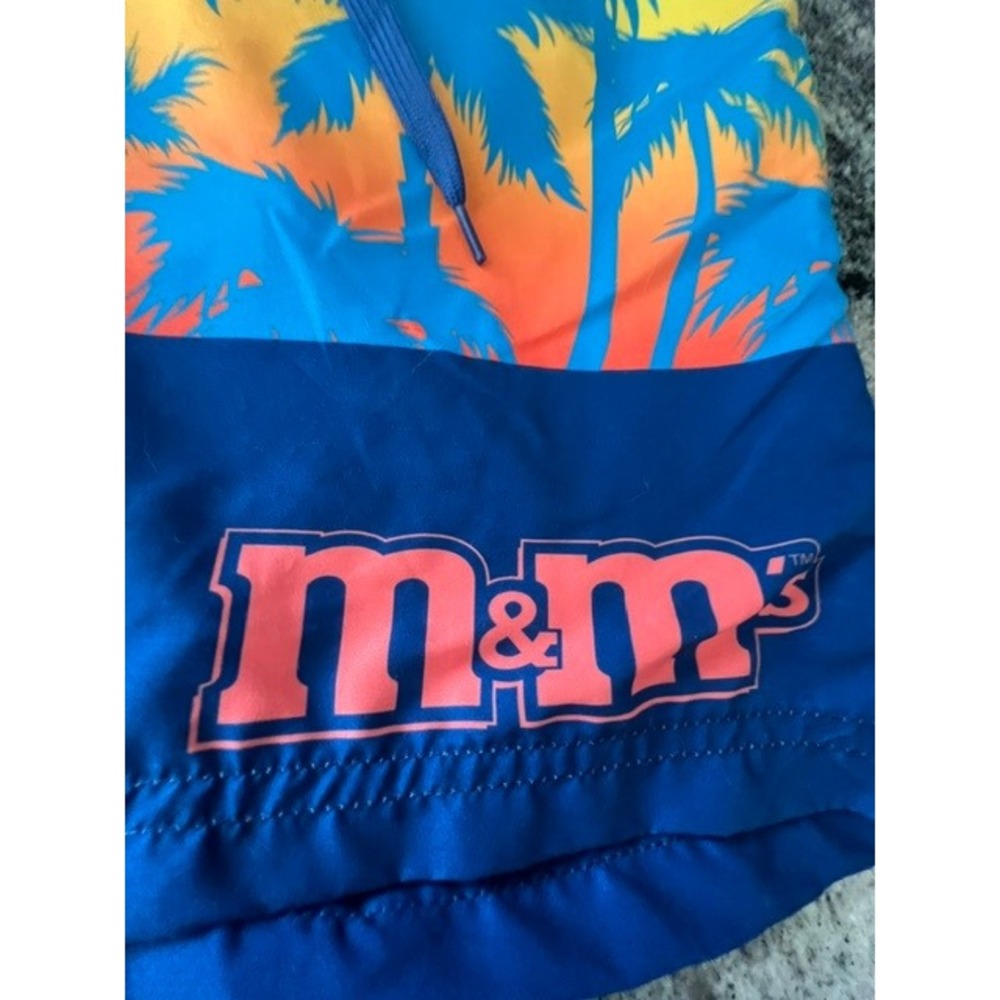M&M's Swim Trunks Mens Small Blue Tropical Palm Tree Good Novelty Board Shorts